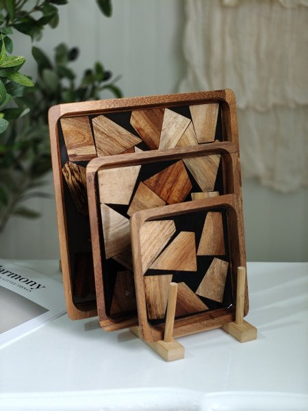 طقم صواني مربع خشب مع ريزن 3 قطع