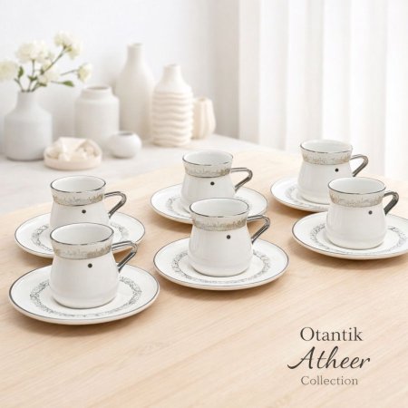 طقم فناجين قهوة تركي أبيض وفضي بورسلان مجموعة أثير من أوتانتيك