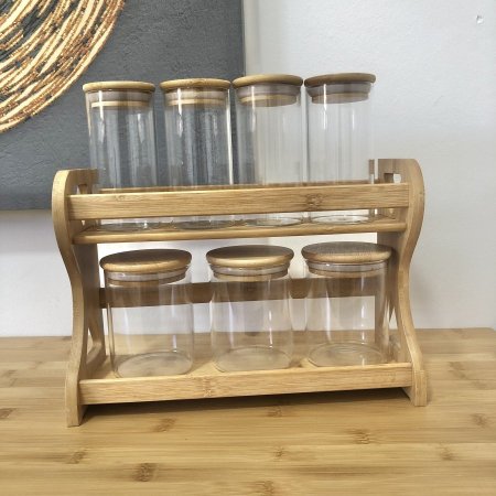 طقم علب بهارات زجاج مع أغطية خشب