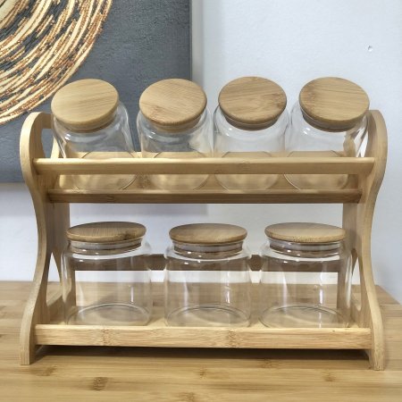 طقم علب بهارات زجاج مع أغطية خشب