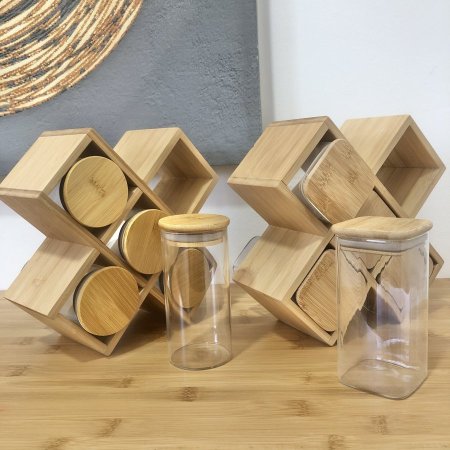 طقم علب بهارات زجاج مع أغطية خشب