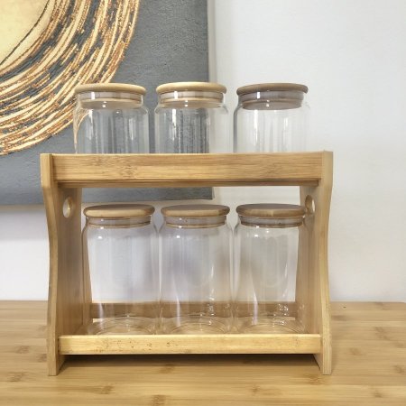 طقم علب بهارات زجاج مع أغطية خشب