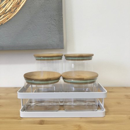 طقم علب بهارات زجاج مع أغطية خشب