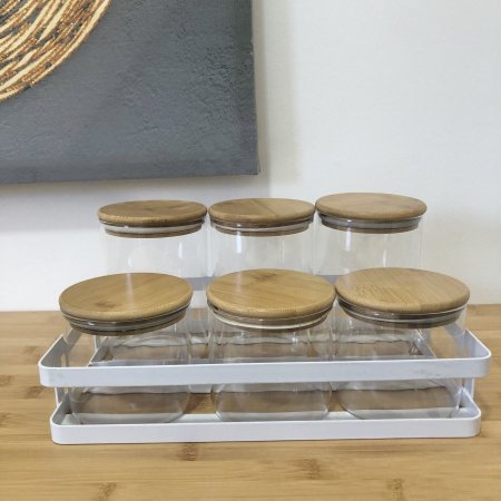 طقم علب بهارات زجاج مع أغطية خشب