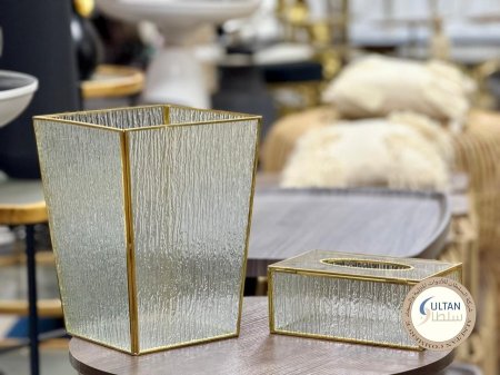 طقم علبة محارم وسلة زجاج