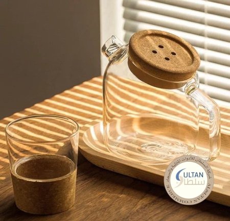 ابريق ماء زجاج غطا خشب